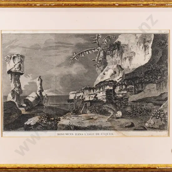gilt framed Bernard Dirax copper engraving - Easter Island (1734 – 1786) (foxing, staining  and creasing) H-220 W-370