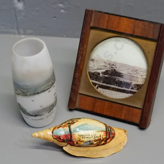 Souvenir ware - Stewart Island frosted glass vase H100 & hand painted shell, Balclutha photo in frame with borer hole