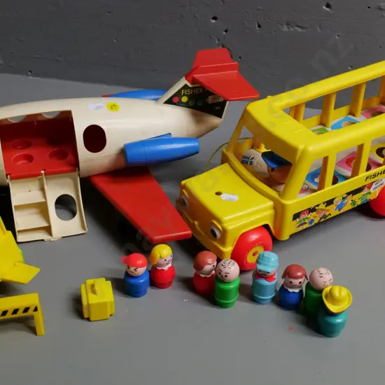 Fisher-Price jet plane L-340 W-300 & passengers, school bus, assorted figures, suitcase etc - not all complete