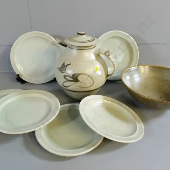 studio pottery - tea or coffee pot, 6 celandine side plates, and a bowl D-220, no maker's marks