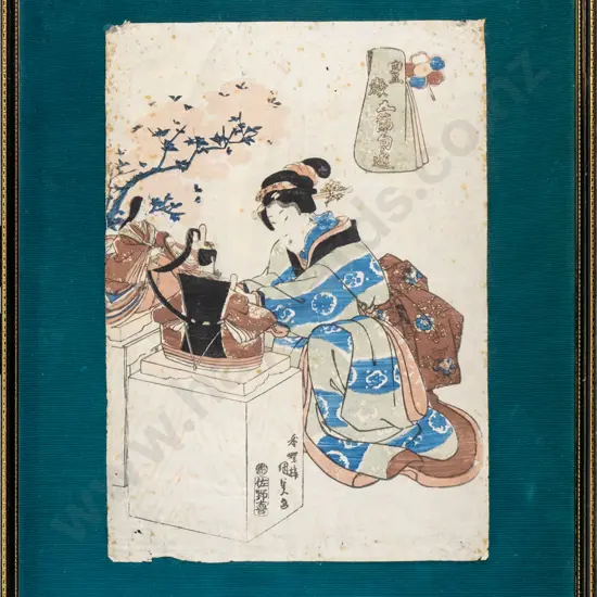 framed Japanese woodblock print - women and dolls (foxing) H-360 W-250