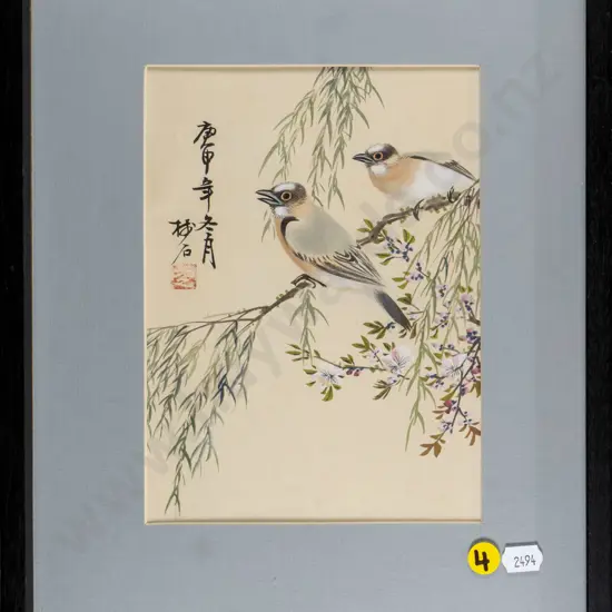 framed Japanese watercolour - birds on branch H-190 W-140