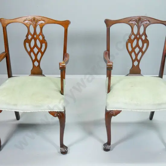 pair reproduction Chippendale style mahogany carver dining chairs w/ball & claw feet, green velvet H970 W580 D490