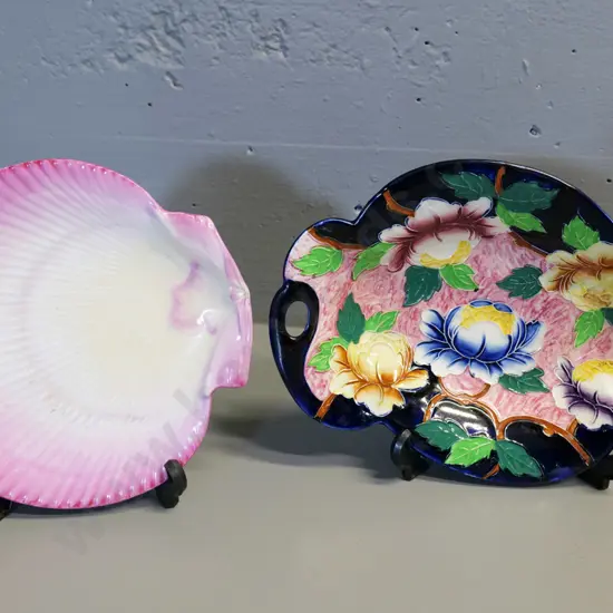 Wedgwood pink shell plate and a Maling pierced handle dish L-290 W-210