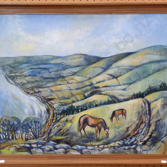 Rona Dyer - framed oil on board - horses grazing H-495 W-590