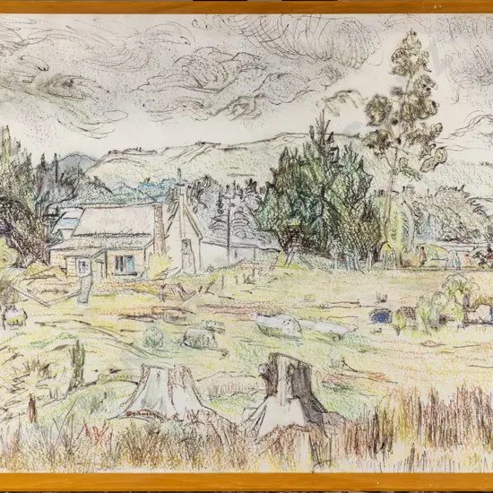 Greta Graetzer - framed ink and pencil - country scene H-350 W-490