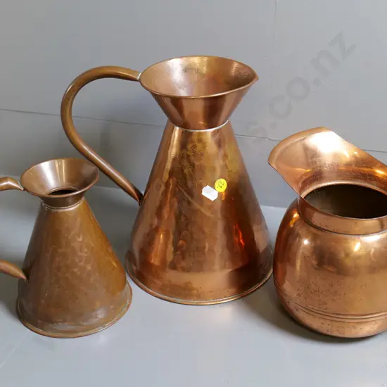 3 copper / copper-plated jugs, largest is H-250 W-240
