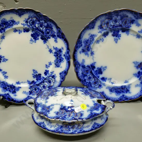 3 pieces Alfred Meakin flow blue & gilt china - 2 plates and a lidded sauce boat