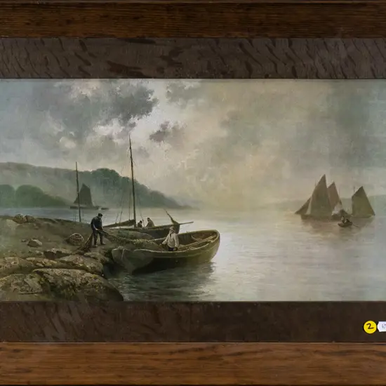 oak framed vintage print - fishing boat scene H-250 W-450
