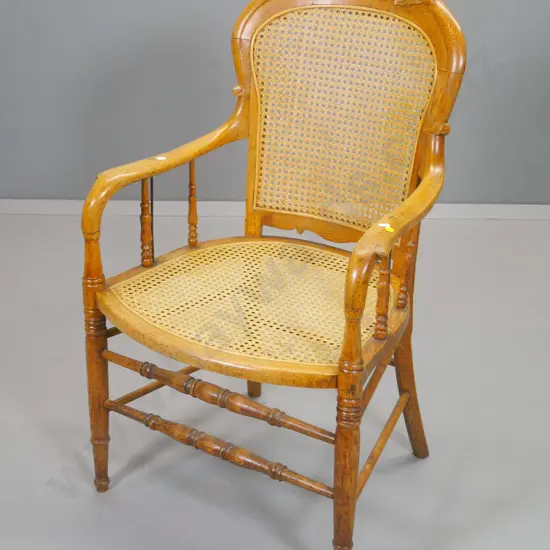 vintage colonial style carved back turned spindle chair with bergere cane seat & back H970 W590 D500