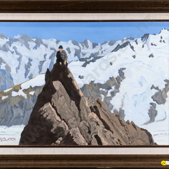 RJ Slater - framed acrylic - person on peak H-330 W-470