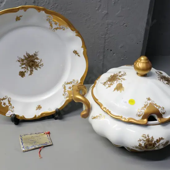 large "F. Limoges" white & gilt lidded tureen and plate H-240 D-300