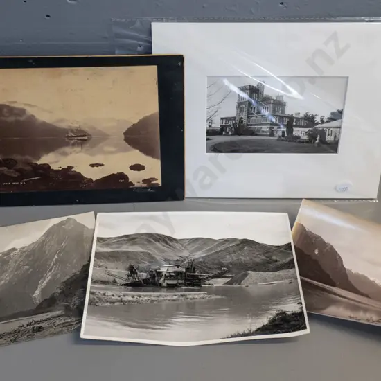 assorted vintage photos - mounted Larnach castle, George Sound, loose gold dredging H160 W210, Milford