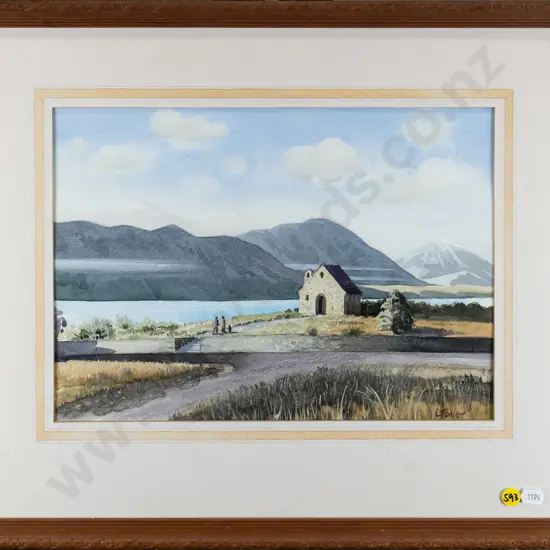 illegible signature - framed watercolour - Church of the Good Shepherd. Lake Tekapo H240 W-325-