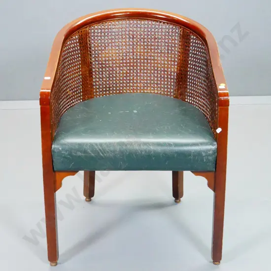 mahogany framed tub chair w/ green leather seat, bergere cane back and sides, marks & wear H750 W540 D550