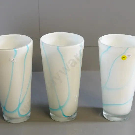 set of 3 art glass vases - milk glass with teal blue patterns H-240 D-125 at top