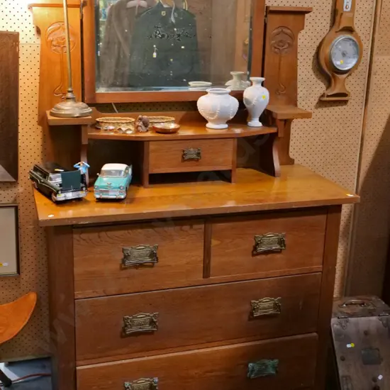 deco oak 4-drawer dresser with tilt mirror, carved motifs, top jewellery drawer, some desilvering H1760 W1070 D470