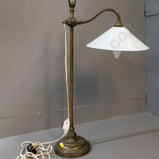 vintage adjustable-height brass table lamp with milk glass shade H-615