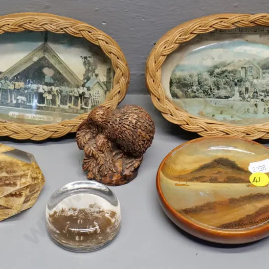 assorted vintage New Zealand souvenir ware - Tauranga, Rotorua, Maoriland scenes, composite kiwi, etc. Cane items 90x140