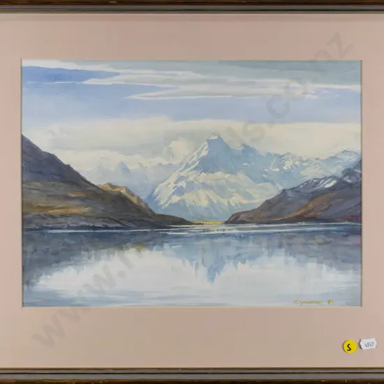 H Mountfort '84 - framed watercolour - lake and mountain scene H-260 W-360