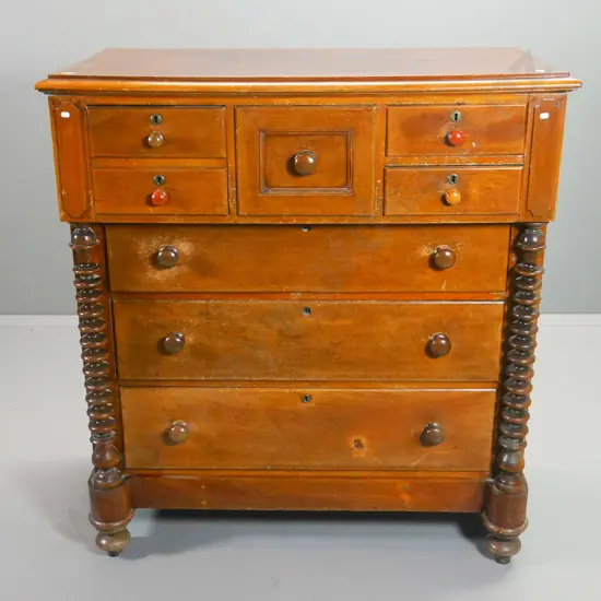 Victorian large 7-drawer break-front Scotch chest w/cotton reel columns, split on top, missing 2 escutcheons H1290 W1170
