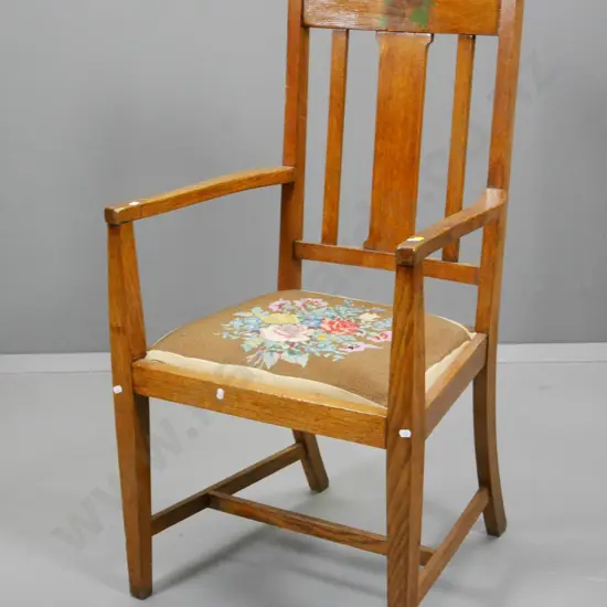 deco oak armchair with painted rose motif, hand-worked tapestry seat, joints slightly loose H1040 W550 D490