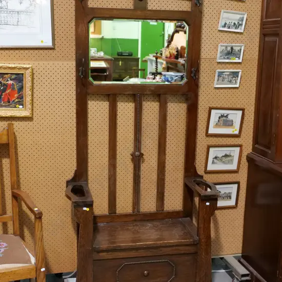 deco oak hall stand/seat with bevelled mirror, 4 metal coat hooks, umbrella holders - polish needs work H1880 W840 D340
