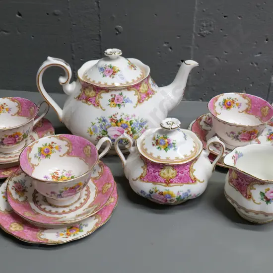Royal Albert Lady Carlisle teapot, cream, sugar and 3 trios