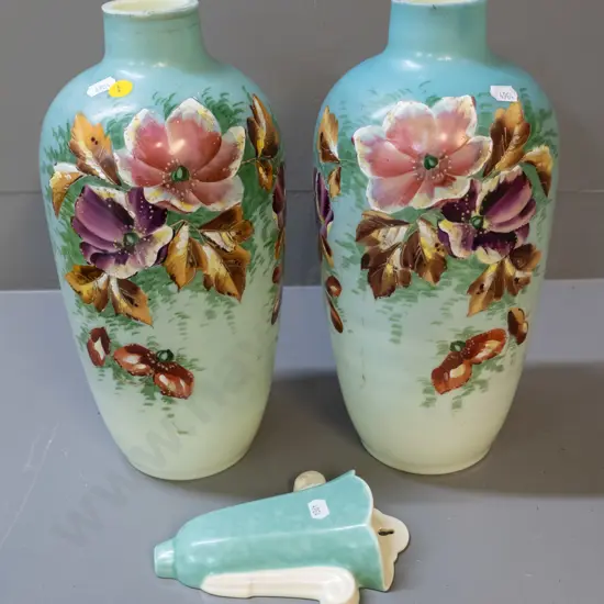 vintage pair of hand-painted glass vases - floral pattern on milk glass H-330 and a small Poole wall pocket vase