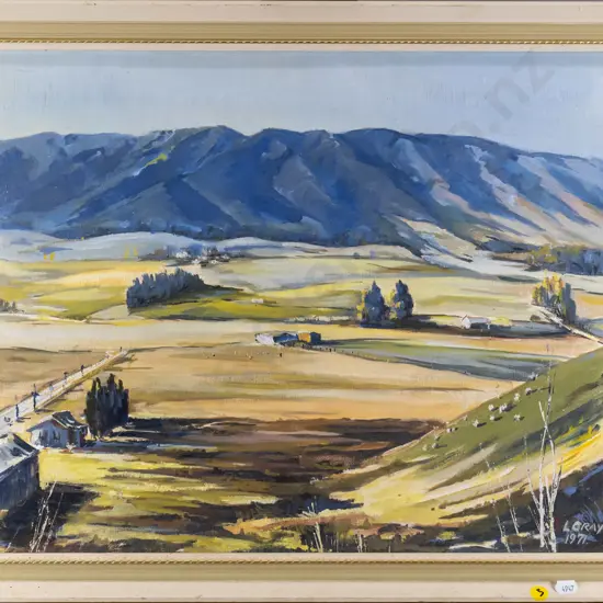 L Gray 1971 - framed oil - mountain and plain scene H-400 W-495