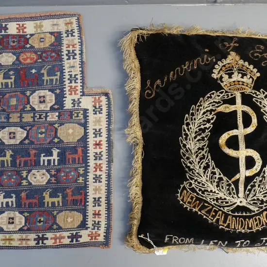 NZ Medical Corp Souvenir of Egypt 1942 embroidered velvet cushion and a small woven kilim bag H480 W350