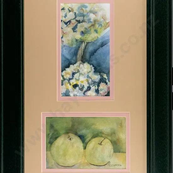 J Campbell - framed watercolour - flowers and fruit H-380 W-180