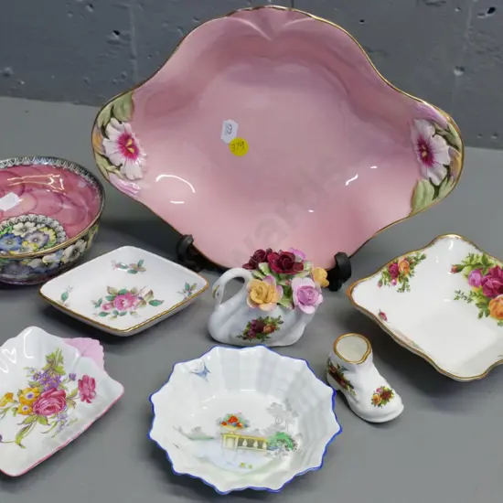 English china items - Royal Winton petunia plate, 3 pieces Royal Albert, Maling bowl, Spode & 2 Shelley pin dishes