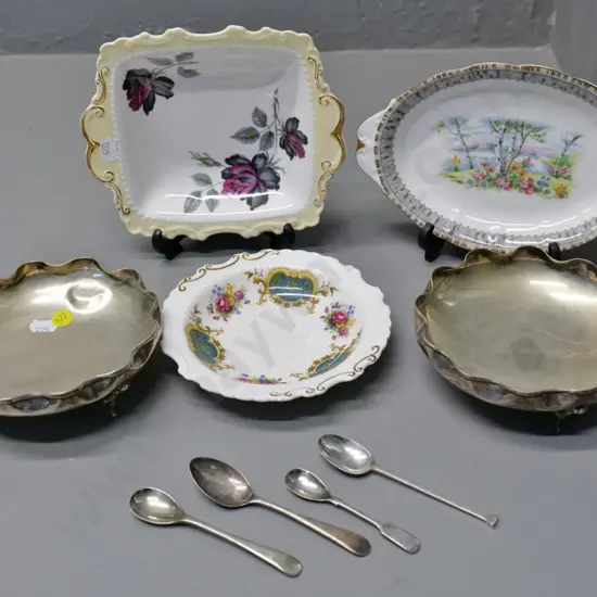 3 Royal Albert biscuit plates, pair scalloped-rim bowls (marked 800?) one dented, D-140 and 4 teaspoons, 2 are sterling