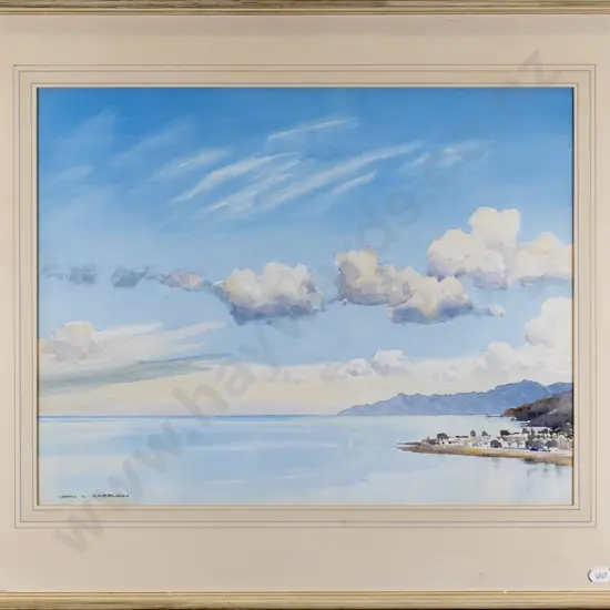 John L Raeburn - framed watercolour - coastal scene (foxing to surround) H-355 W-450