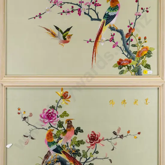 2 framed oriental needleworks on silk (creasing to silk) Each H-330 W-530