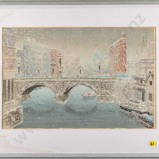 framed Japanese woodblock print - winter scene (slight foxing and staining to surround) H-240 W-360