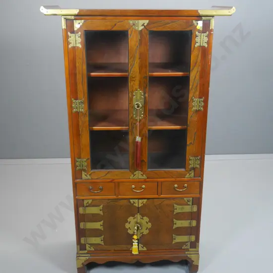Korean (elm?) display cabinet w/brass hinges, brackets & handles, 2 glazed & 2 solid doors, 3 drawers H1370 W800 D370