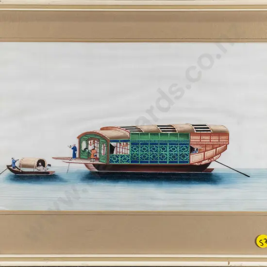 framed Chinese watercolour on rice paper - people and boats (warping to paper) H-180 W-280