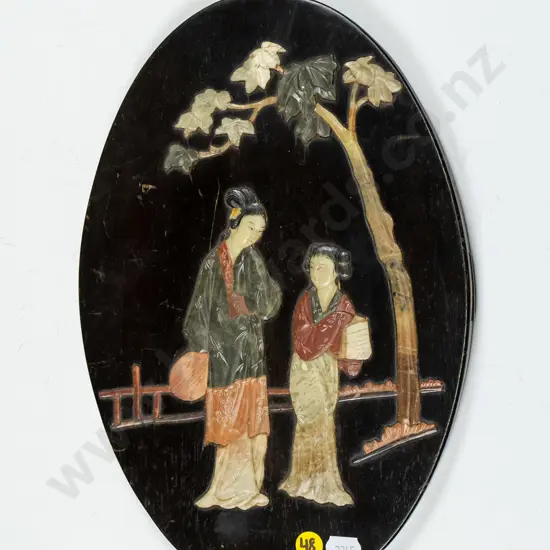 oval wooden panel with soapstone inlay - females under tree (slight scratching to wood) H-300 W-200