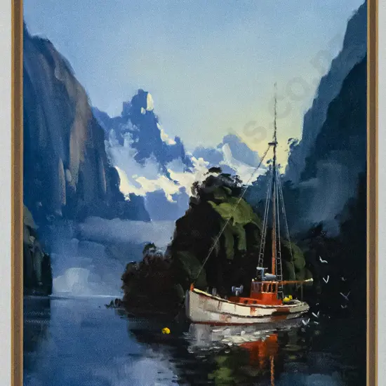Neil J Bartlett - framed oil "Fishing Boat at Milford Sound" H-290 W-200
