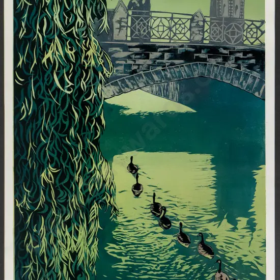 Manu Berry - framed woodcut print 4/5 "Emerald Dawn II" H-1300 W-600