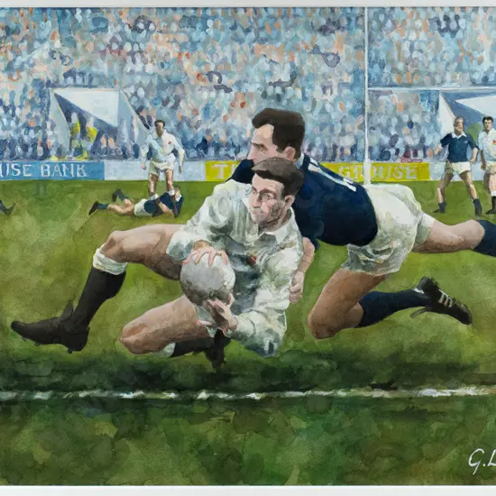 G Ball '91 - framed watercolour "England vs Scottland Calcutta Cup" H-300 W-450