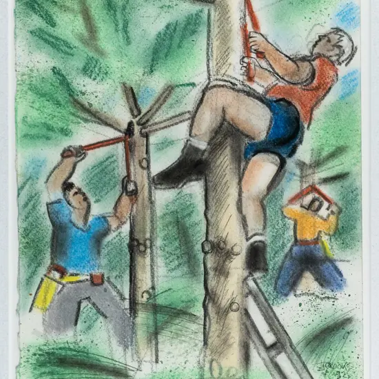 Lindsay Crooks '92 - framed pastel - tree pruners H-330 W-240