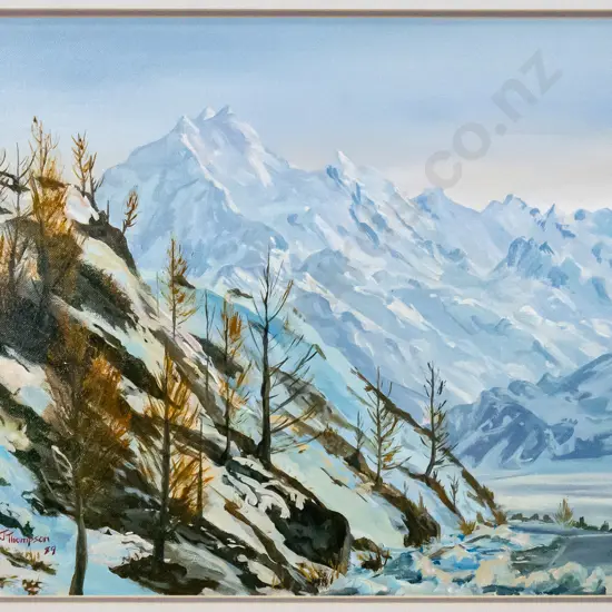 J Thompson '89 - framed oil - lake and mountain scene H-400 W-490