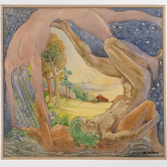 Robert Dunn - framed triptych watercolours "Tangaroa" "The Creation" "Tanemahuta" H-270 W-710