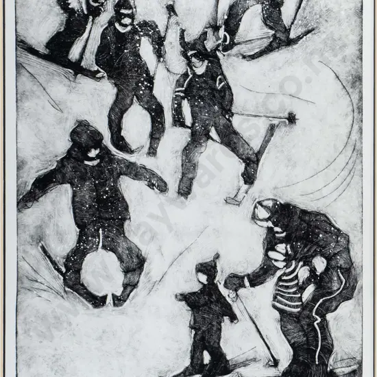 Pauline Bellamy - framed etching 19/50 -  Skiers H-400 W-280 (frame needs attention)