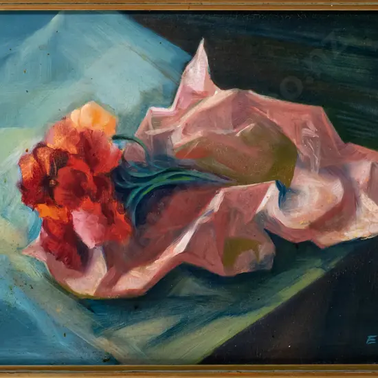Els Noordhof - framed oil - still life flowers H-270 W-450 (some aging, slight damage to frame)
