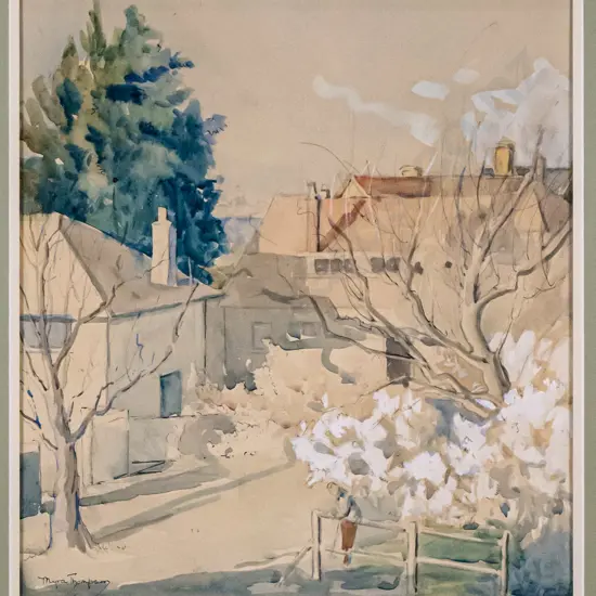 Myra Thompson - framed ink and watercolour - houses amongst trees H-310 W-280