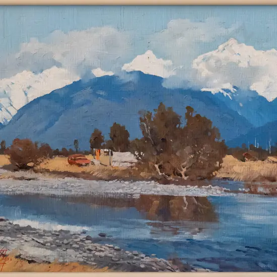 Charlton Edgar '73 - framed oil "To Mount Cook from Clearwater Fiord, West Coast" H-235 W-360